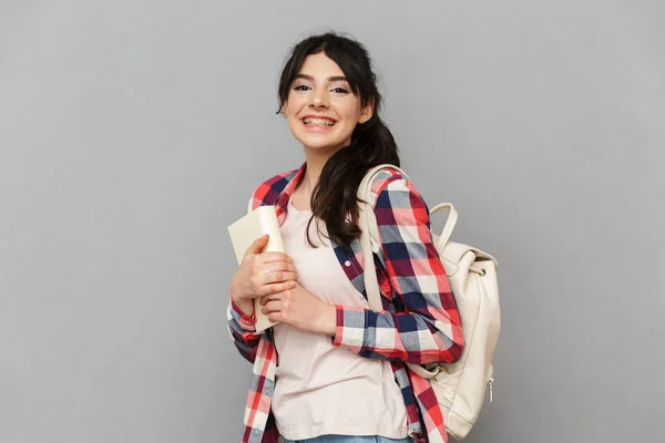 Imagen Una Joven Estudiante Bastante Linda Pie Aislada Sobre Libro — Foto de Stock