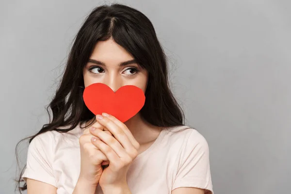 Image Pretty Young Lady Covering Face Heart Isolated Grey Background — Stock Photo, Image