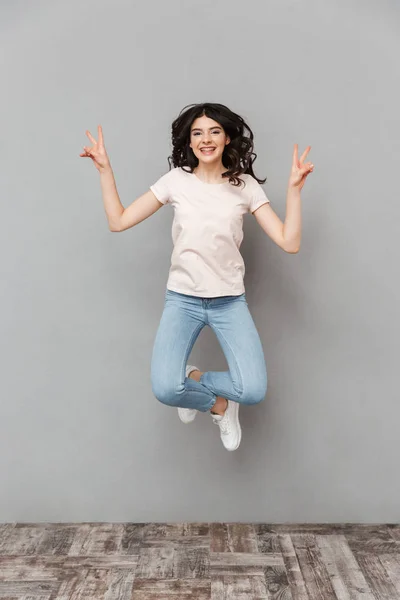 Photo Pretty Cute Young Lady Jumping Isolated Grey Background Wall — Stock Photo, Image