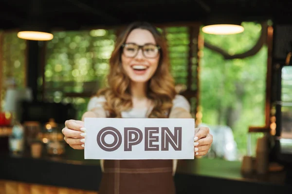 Portrait Smiling Young Barista Girl Apron Showing Open Sign Board — Stock Photo, Image