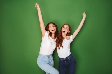 İki pozitif Kızıl saçlı kadınlar 20'li yaşlarda portresi yeşil arka plan üzerinde izole hava elinde kamerayla gülümseyen