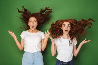 Ağız açık yeşil arka plan üzerinde izole kameraya bakarak iki hayretler içinde genç Kızıl saçlı kız portresi