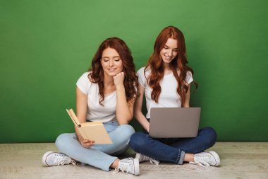 Dizüstü bilgisayar ve kağıt kitap üzerinde yeşil arka plan izole bir katta oturan iki farklı genç Kızıl saçlı kız portresi