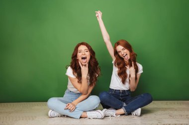 İki genç Kızıl saçlı kız bir yere oturmak ve eğleniyor gülümseyen portresi yeşil arka plan üzerinde izole