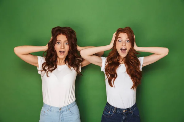 Retrato Duas Mulheres Engraçadas Com Cabelos Vermelhos Camisetas Brancas Olhando — Fotografia de Stock