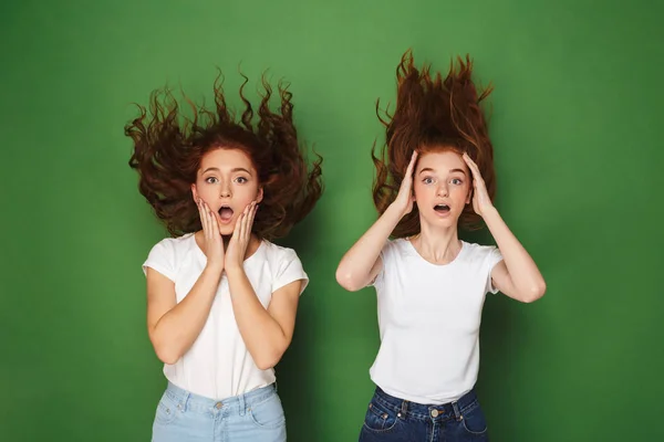 Retrato Duas Meninas Ruivas Chocadas Olhando Para Câmera Com Boca — Fotografia de Stock