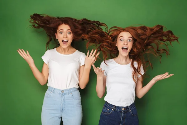 Portrait Deux Jeunes Filles Rousses Excitées Regardant Caméra Avec Bouche — Photo