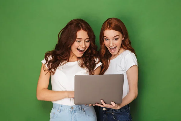 Πορτρέτο Των Δύο Κοριτσιών Ευχαριστημένοι Νέοι Κοκκινομάλλα Κοιτάζοντας Φορητό Υπολογιστή — Φωτογραφία Αρχείου