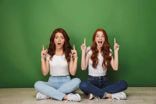 Retrato Duas Jovens Meninas Ruivas Alegres Sentadas Chão Apontando Dedos — Fotografia de Stock