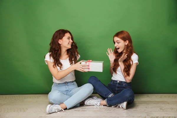 Retrato Duas Meninas Anos Com Cabelo Gengibre Jeans Sentado Chão — Fotografia de Stock