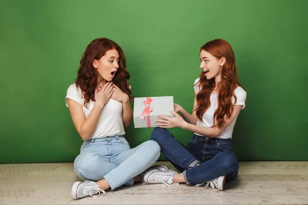 Retrato Duas Meninas Ruivas Felizes Sentadas Chão Com Uma Caixa — Fotografia de Stock