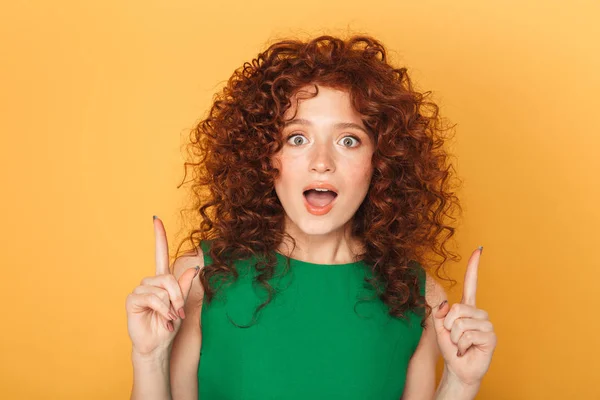 Close Portrait Cheerful Curly Redhead Woman Pointing Fingers Isolated Yellow — Stock Photo, Image