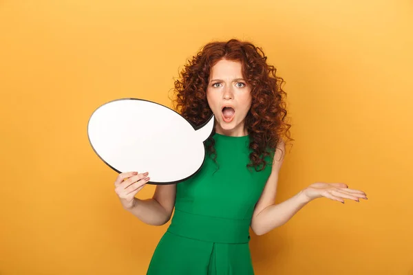 Portrait Angry Redhead Woman Dress Holding Empty Speech Bubble Isolated — Stock Photo, Image