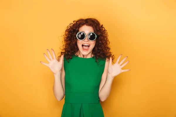 Close Portrait Happy Curly Redhead Woman Sunglasses Looking Camera Screaming — Stock Photo, Image