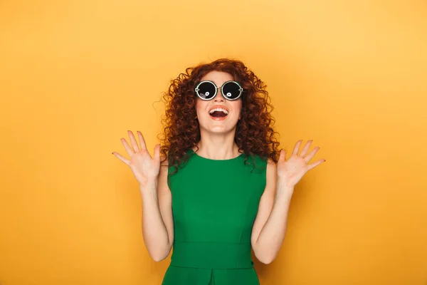 Close Portrait Excited Curly Redhead Woman Sunglasses Looking Screaming Isolated — Stock Photo, Image