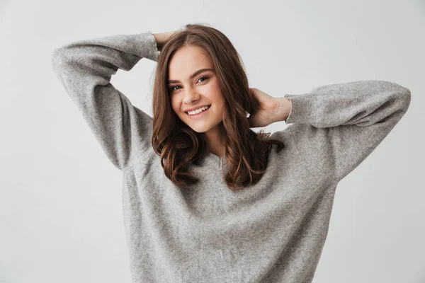 Happy Brunette Woman Sweater Posing Looking Camera Grey Background — Stock Photo, Image