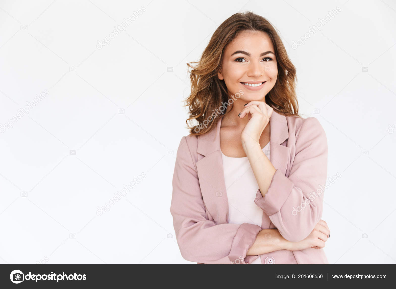 Foto de Young pretty woman on isilated background in white