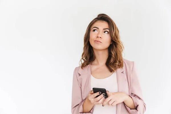 Image Young Cute Beautiful Lady Standing Isolated White Wall Background — Stock Photo, Image