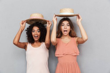 Gri arka plan üzerinde izole kamera bakarak yaz elbise giymiş iki neşeli genç kadın portresi