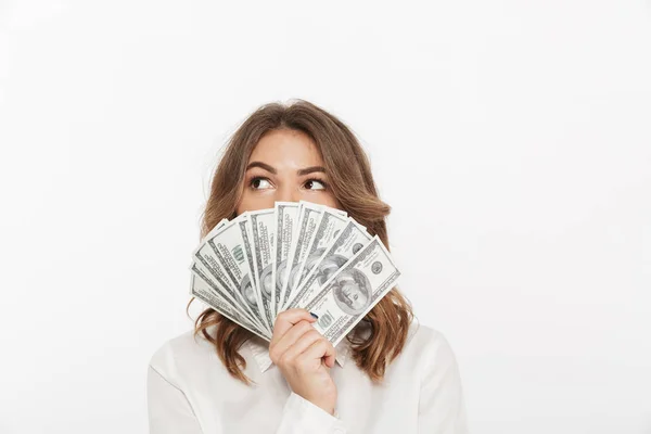 Retrato Una Joven Empresaria Con Billetes Banco Aislados Sobre Fondo —  Fotos de Stock