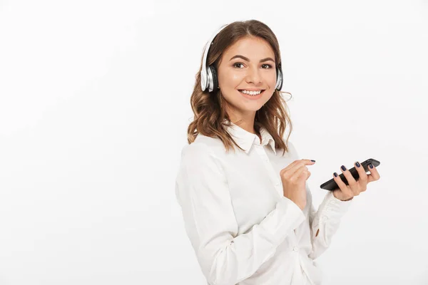 Portrait Smiling Young Business Woman Listening Music Headphones While Holding — Stock Photo, Image