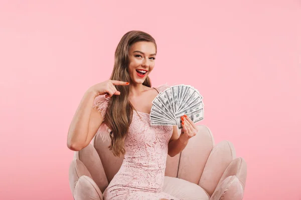 Portrait Fancy Caucasian Woman Dress Pointing Finger Fan Money Holding — Stock Photo, Image