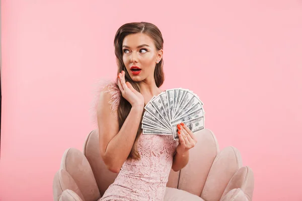 Portrait Fancy Caucasian Woman Dress Holding Fan Money While Sitting — Stock Photo, Image