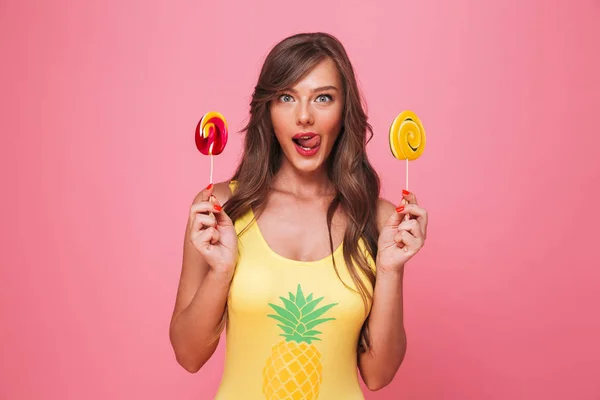 Portrait Lovely Young Woman Dressed Swimsuit Holding Colorful Lollipops Isolated — Stock Photo, Image