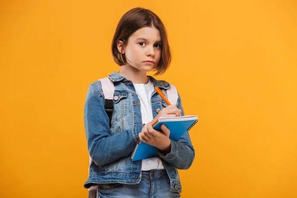 Portret Van Een Ernstige Weinig Schoolmeisje Met Rugzak Houden Een — Stockfoto