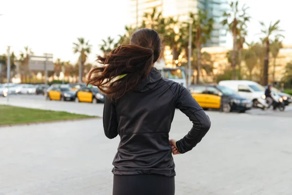 Back View Picture Amazing Young Asian Sports Woman Running Outdoors — Stock Photo, Image