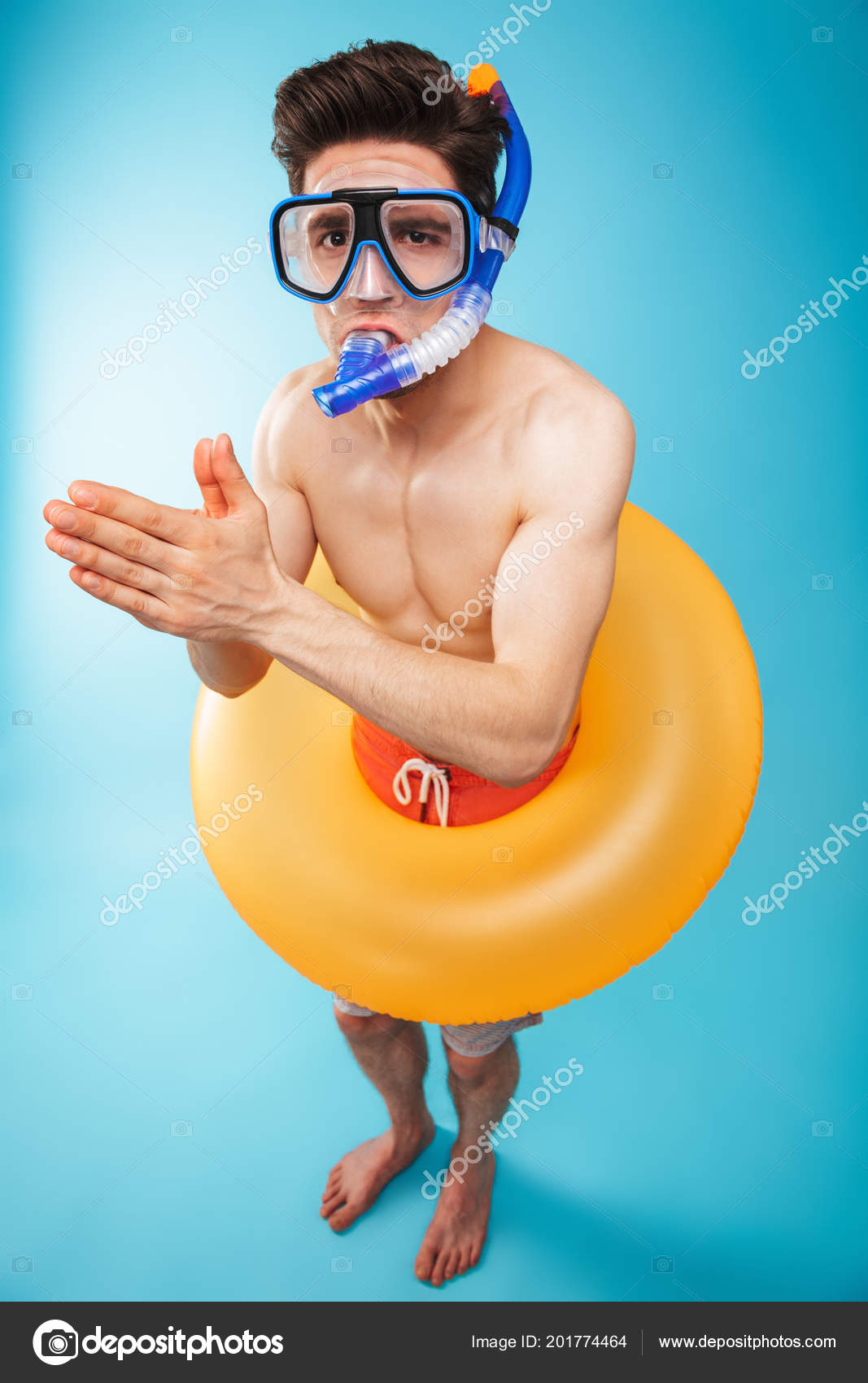 Full Length Portrait Funny Young Shirtless Goggles Inflatable Stock Photo by ©Vadymvdrobot 201774464