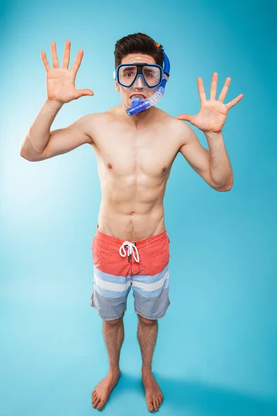 Full Length Portrait Cheerful Young Shirtless Man Swim Goggles Having — Stock Photo, Image
