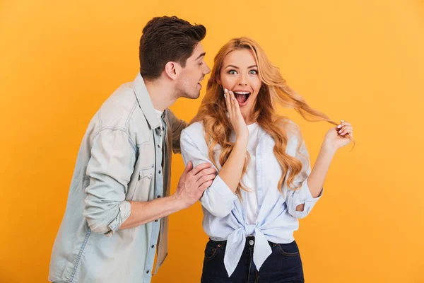 Photo Handsome Man Whispering Secret Interesting Gossip Young Woman Her — Stock Photo, Image