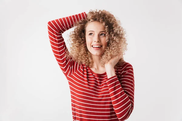 Playful Blonde Curly Woman Casual Clothes Posing Looking Away While — Stock Photo, Image