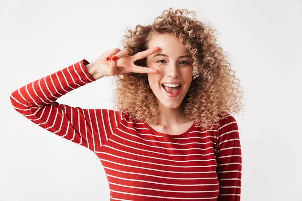 Cheerful Happy Blonde Curly Woman Casual Clothes Showing Peace Gesture — Stock Photo, Image