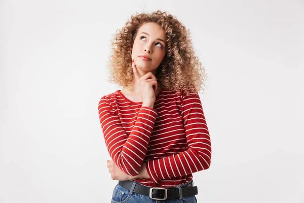 Portrait Pensive Young Girl Curly Hair Looking Away Isolated White — Stock Photo, Image