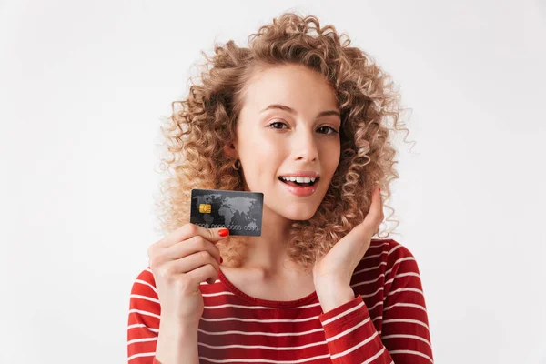 Close Portrait Smiling Young Girl Curly Hair Showing Credit Card — Stock Photo, Image