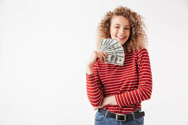 Portrait Happy Young Girl Curly Hair Holding Money Banknotes Isolated — Stock Photo, Image