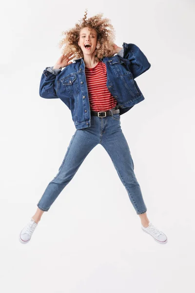 Full Length Image Surprised Happy Blonde Curly Woman Denim Clothes — Stock Photo, Image