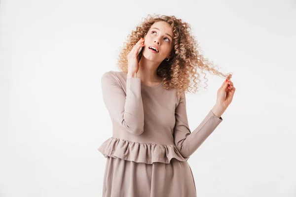 Portrait Cheerful Young Curly Blonde Girl Dress Talking Mobile Phone — Stock Photo, Image