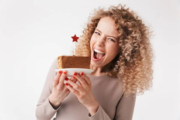 Närbild Porträtt Glad Ung Lockigt Blond Tjej Klänning Håller Plattan — Stockfoto