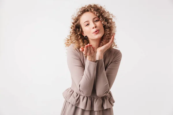 Lovely Blonde Curly Woman Dress Sends Air Kiss Looking Camera — Stock Photo, Image