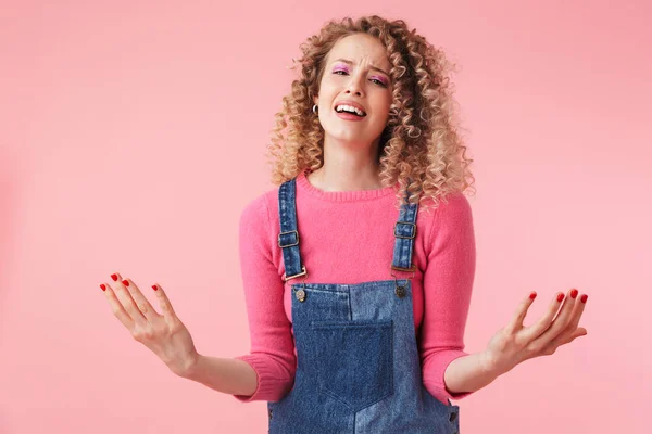 Portrait Upset Young Girl Curly Hair Standing Outsretched Hands Isolated — Stock Photo, Image