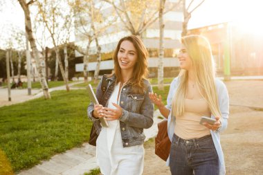 Açık havada tutarak dizüstü bilgisayar ve cep telefonuyla birbirleriyle konuşurken Park mutlu iki arkadaş kadınların görüntü.