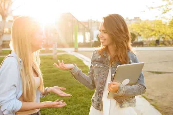 Imagem Dois Amigos Felizes Mulheres Parque Livre Segurando Computador Portátil — Fotografia de Stock