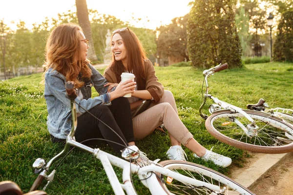 Bild Von Zwei Jungen Schönen Freundinnen Freien Mit Fahrrädern Park — Stockfoto