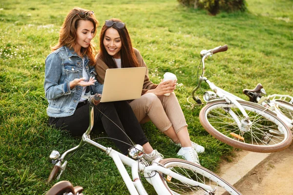 屋外の公園でラップトップ コンピューターを使用して つの若いかわいい美人友達の写真 — ストック写真