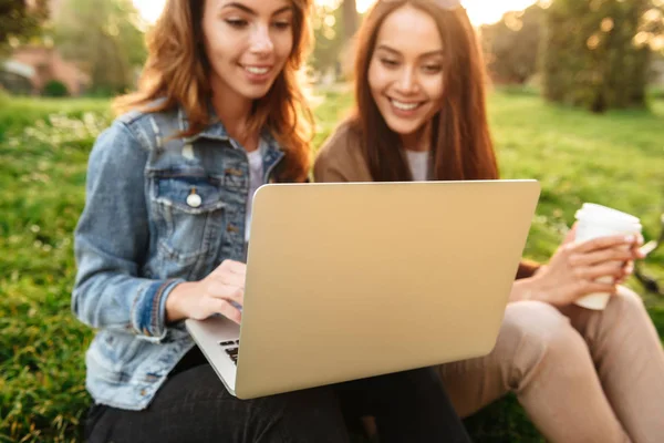 屋外の公園でラップトップ コンピューターを使用して つの若い美しい幸せな女性友人のイメージ — ストック写真