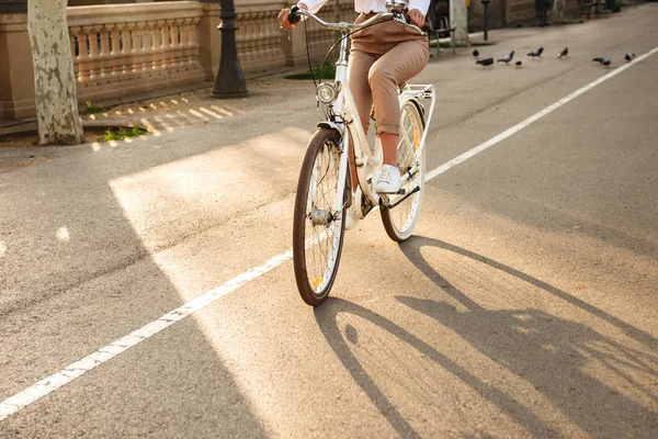 Cropped Photo Young Lady Outdoors Walking Bicycle Street — Stock Photo, Image