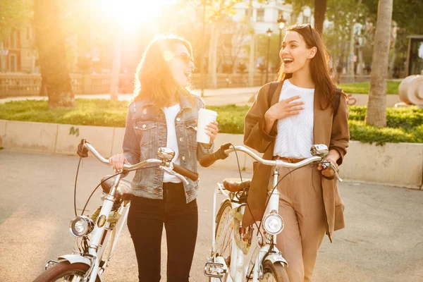 Bild Von Zwei Jungen Erstaunlichen Emotionalen Freundinnen Freien Mit Fahrrädern — Stockfoto